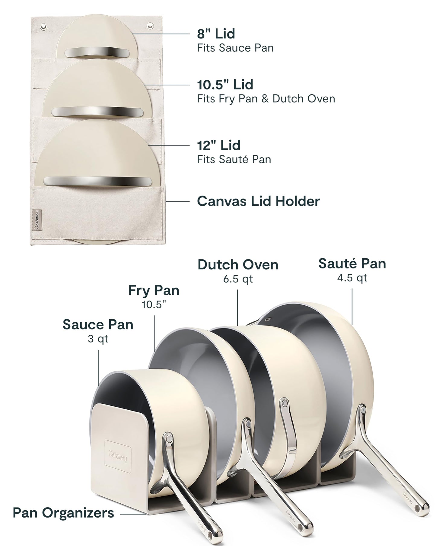 Caraway Deluxe Non-stick Ceramic Cookware Set (16 Piece) Pots, Frying Pans, Lids and Kitchen Storage - PFAS & PFOA Free - Oven Safe Pan Set & Compatible with All Stovetops - Cream