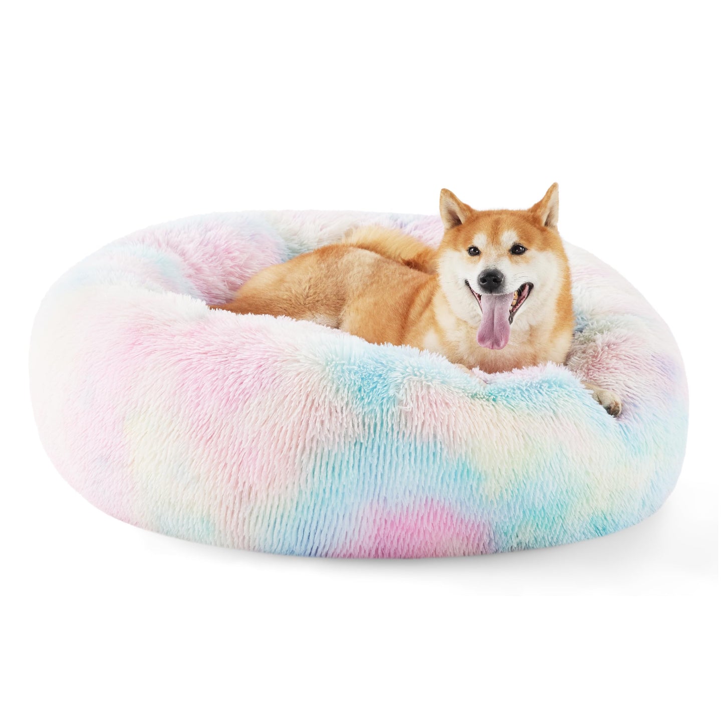 Bedsure Calming Dog Bed Medium Size Dog - Donut Washable Medium Pet Bed, 30 inches Anti-Slip Round Fluffy Plush Faux Fur Cat Bed, Fits up to 45 lbs Pets, Camel
