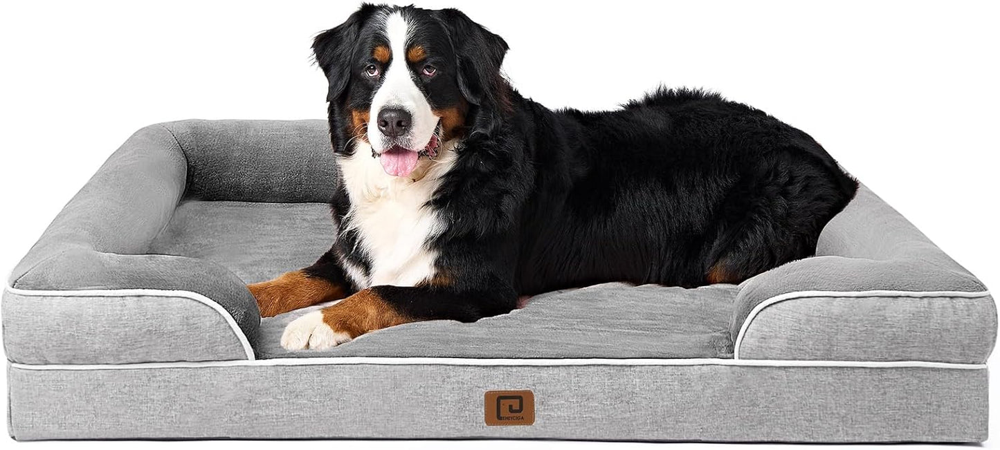 EHEYCIGA Orthopedic Dog Beds for Extra Large Dogs 44x32Inch, Waterproof Memory Foam XL Pet Bed with Sides, Non-Slip and Egg-Crate Foam Big Dog Couch Bed with Washable Removable Cover, Grey