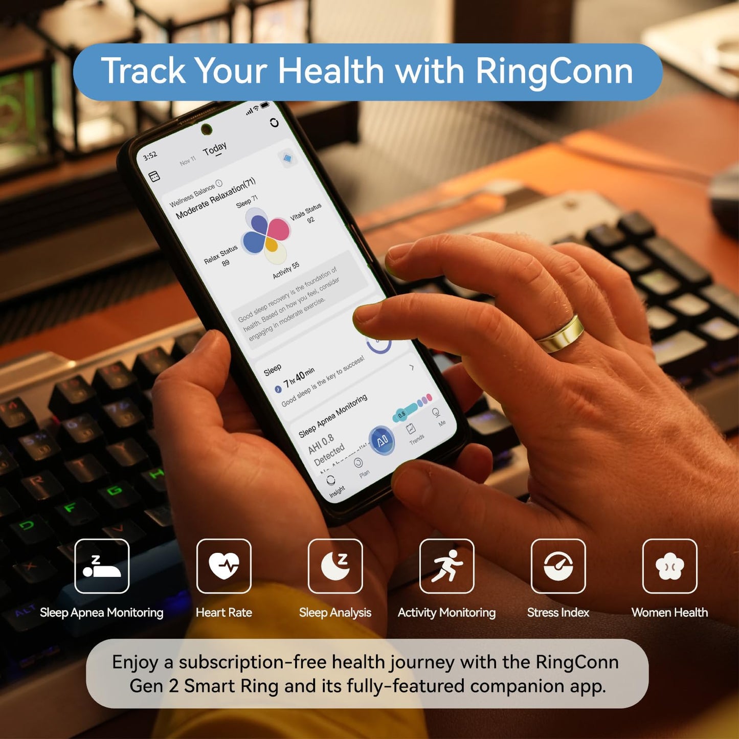 RingConn Gen 2, World’s First Smart Ring with Sleep Apnea Monitoring, No APP Subscription, 12-Day Battery Life, Stress/Heart Rate/Women's Health Tracker, Android & iOS Compatible (Gold, Size 10)
