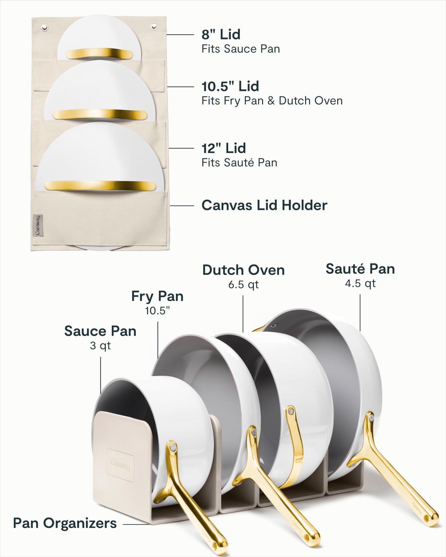 Caraway Deluxe Non-stick Ceramic Cookware Set (16 Piece) Pots, Frying Pans, Lids and Kitchen Storage - PFAS & PFOA Free - Oven Safe Pan Set & Compatible with All Stovetops - Cream