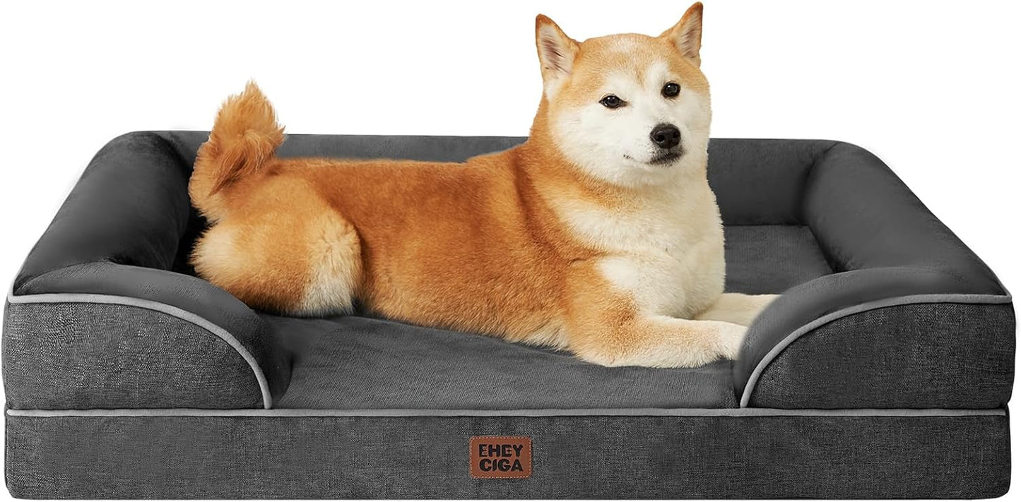 EHEYCIGA Orthopedic Dog Beds for Extra Large Dogs 44x32Inch, Waterproof Memory Foam XL Pet Bed with Sides, Non-Slip and Egg-Crate Foam Big Dog Couch Bed with Washable Removable Cover, Grey