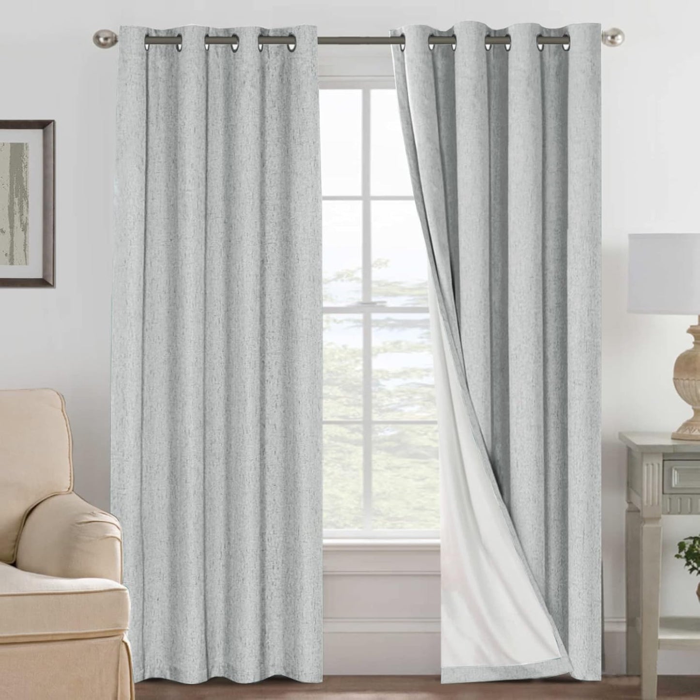 H.VERSAILTEXLinen-Polyester Curtains 100%Blackout Curtains for Bedroom 96"Long Full Light Blocking Nature Linen-Polyester Blended Window Curtains for LivingRoomNickel Grommet(2Panels,HeatheredNatural)