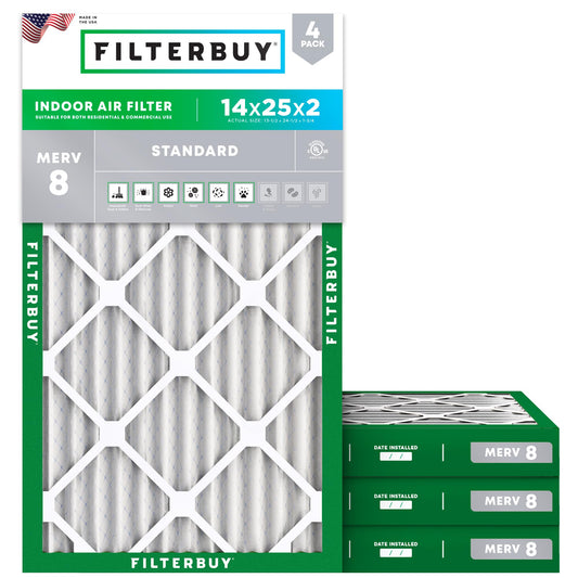 Filterbuy 16x25x1 Air Filter MERV 8 Essential Dust & Allergy Defense (4-Pack), Electrostatic Pleated HVAC AC Furnace Filters Replacement, Made in USA (Actual Size: 15.50 x 24.50 x 0.75)