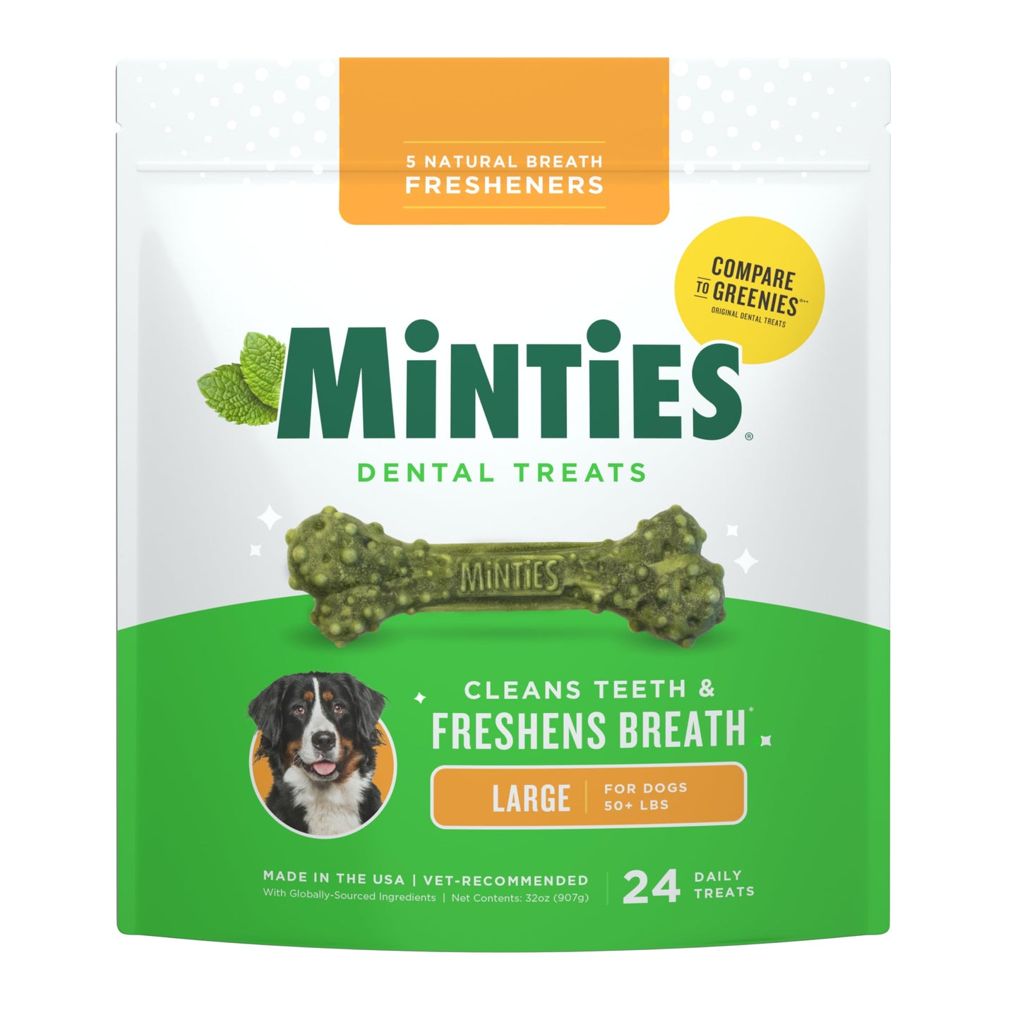 Minties Dog Dental Bone Treats, Tiny/Small Dental Dog Treats, 16 Ounces, Cleans Teeth, Fight Bad Breath, Removes Plaque and Tartar, 16 Count