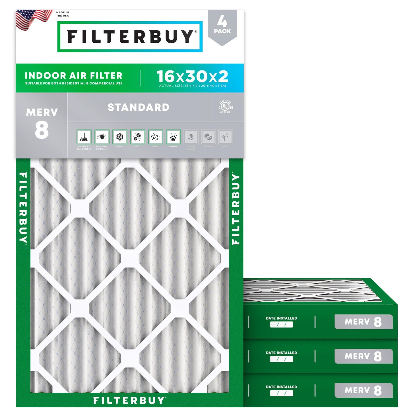 Filterbuy 16x25x1 Air Filter MERV 8 Essential Dust & Allergy Defense (4-Pack), Electrostatic Pleated HVAC AC Furnace Filters Replacement, Made in USA (Actual Size: 15.50 x 24.50 x 0.75)