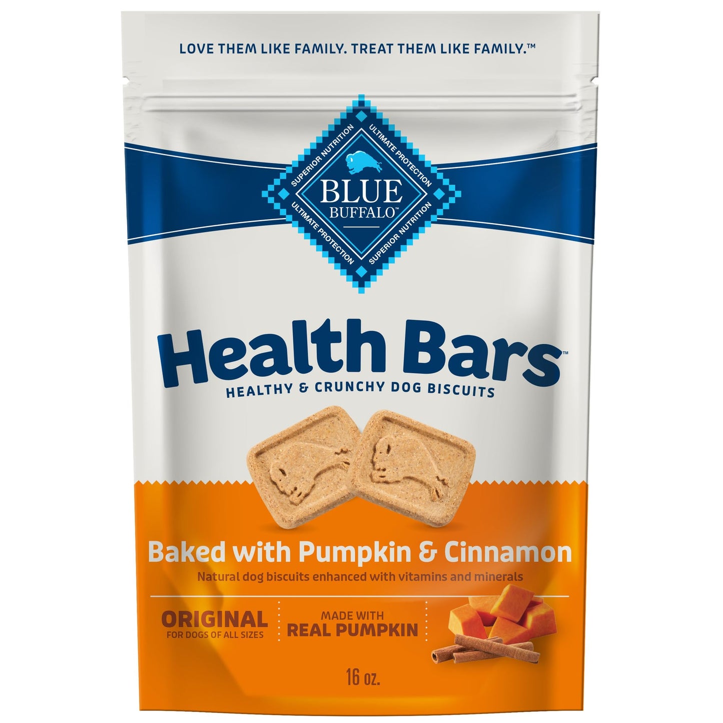 Blue Buffalo Health Bars Crunchy Dog Biscuits, Oven-Baked With Natural Ingredients, Pumpkin & Cinnamon, 16-oz Bag