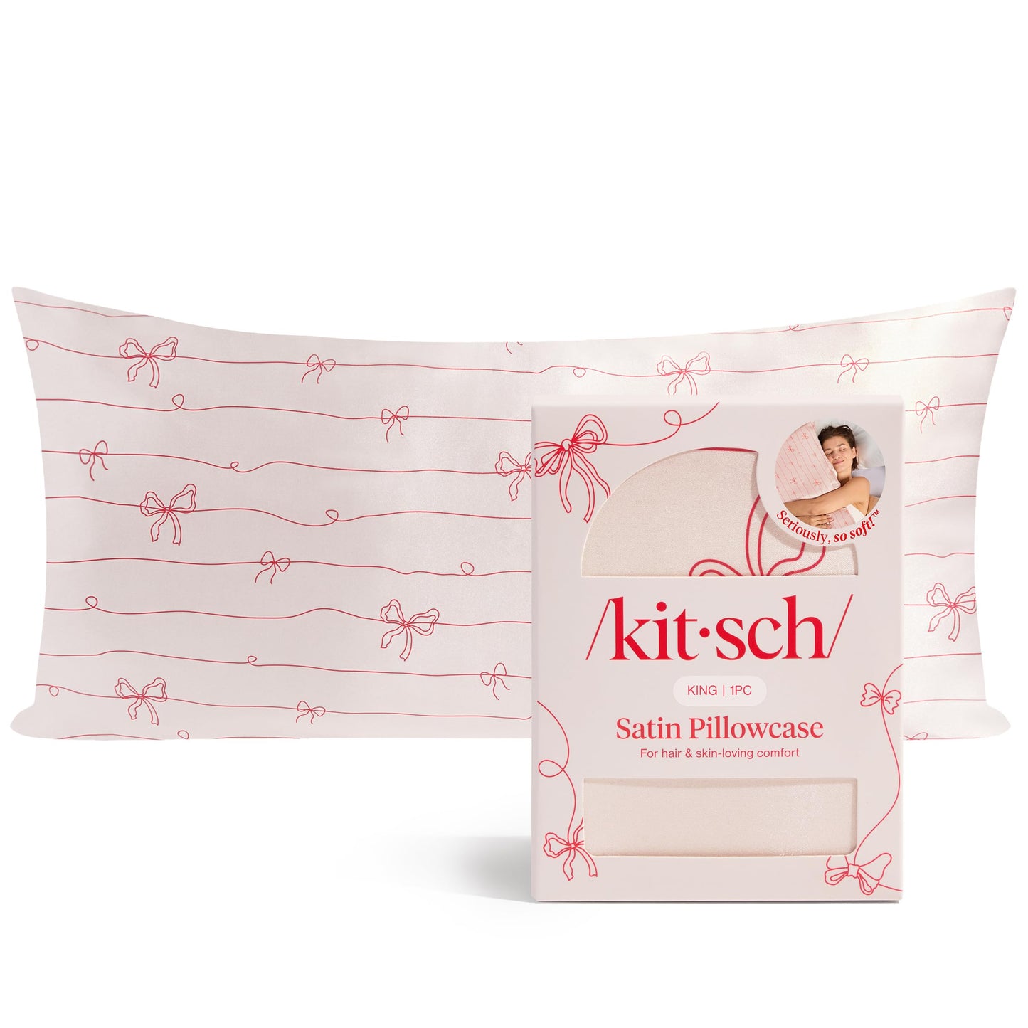 Kitsch Satin Pillowcase, Softer Than Silk Pillow Cases Queen, Cooling Pillow Covers, Satin Pillowcase w/Zipper for Hair, Skin & Quality Sleep, Wrinkle-Free & Smooth, Queen Size 19"x26", Cherry Print