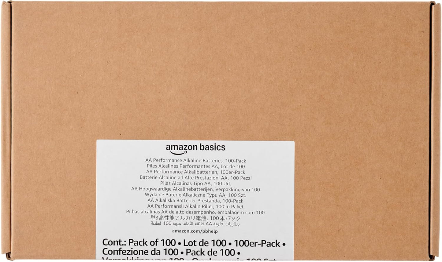 Amazon Basics 100-Pack AA Alkaline High-Performance Batteries, 1.5 Volt, 10-Year Shelf Life
