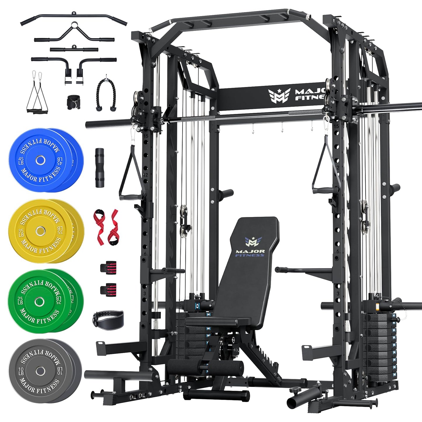 Major Fitness Drone2 Advanced Training Smith Machines– All-in-One Home Gym Squat Rack with Aluminum Pulley Set , Weight Bar, Dual LAT Pull-Down Systems & Cable Crossover Machine for Full-Body Workouts