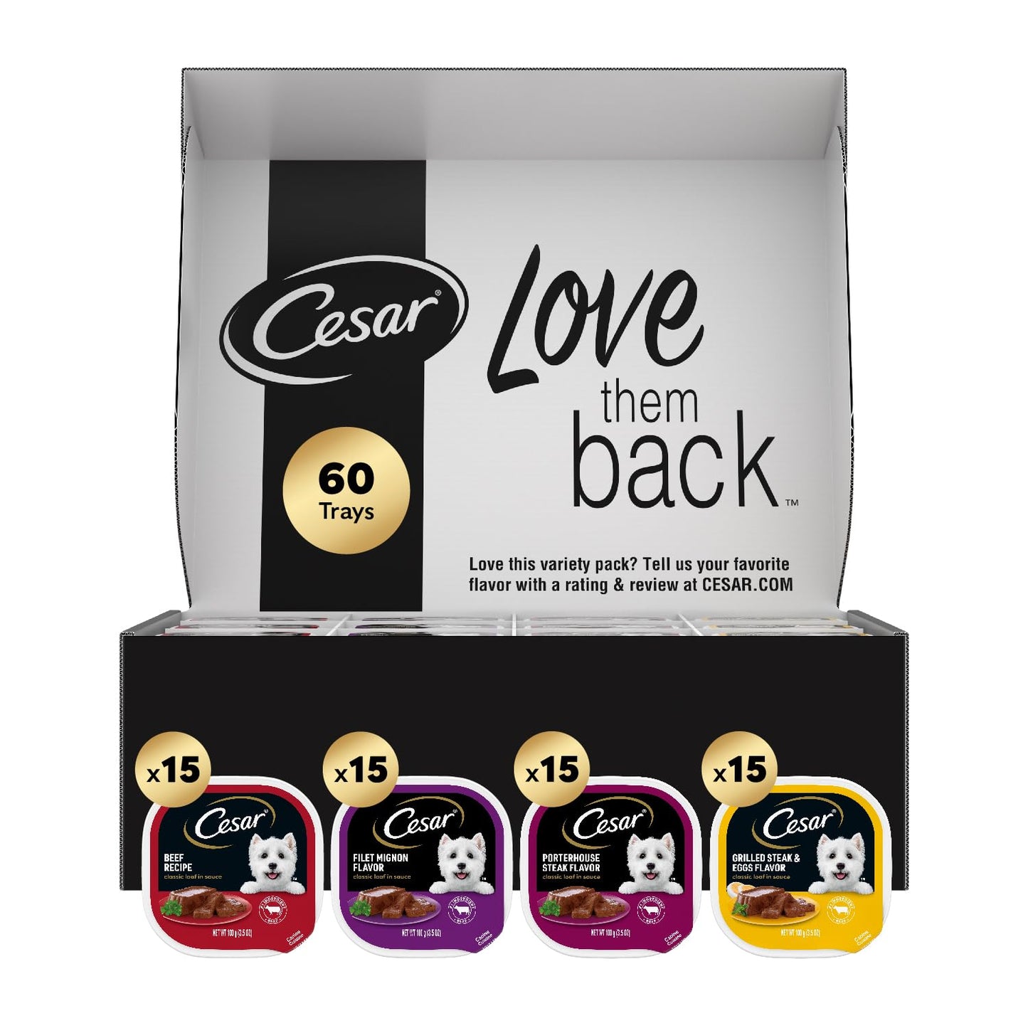 Cesar Wet Dog Food Classic Loaf in Sauce Grilled Chicken, Filet Mignon, Porterhouse Steak, Beef, Chicken & Liver and Turkey Variety Pack 3.5 oz. Easy Peel Trays (36 Count, Pack of 1)