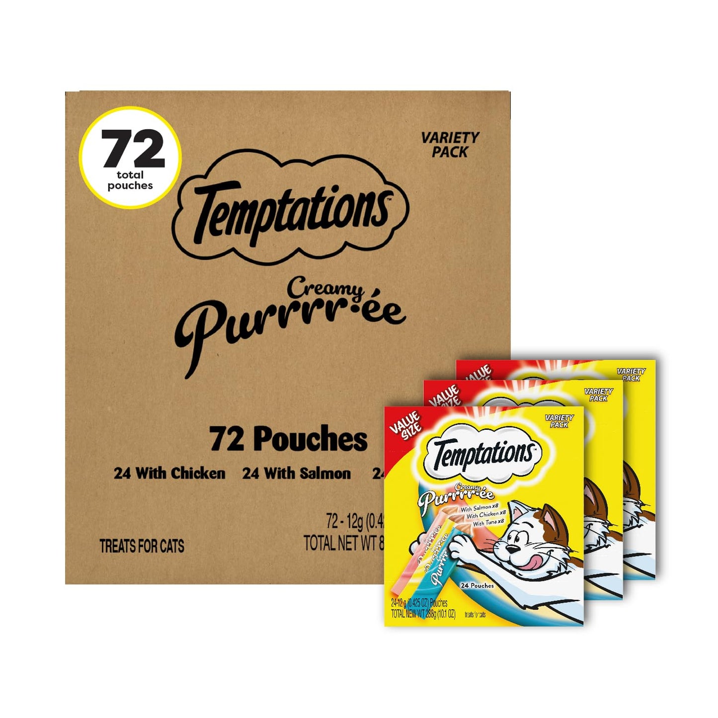 Temptations Creamy Puree Variety Pack of Squeezable Cat Treats, 0.42 oz. Tubes, 24 Count