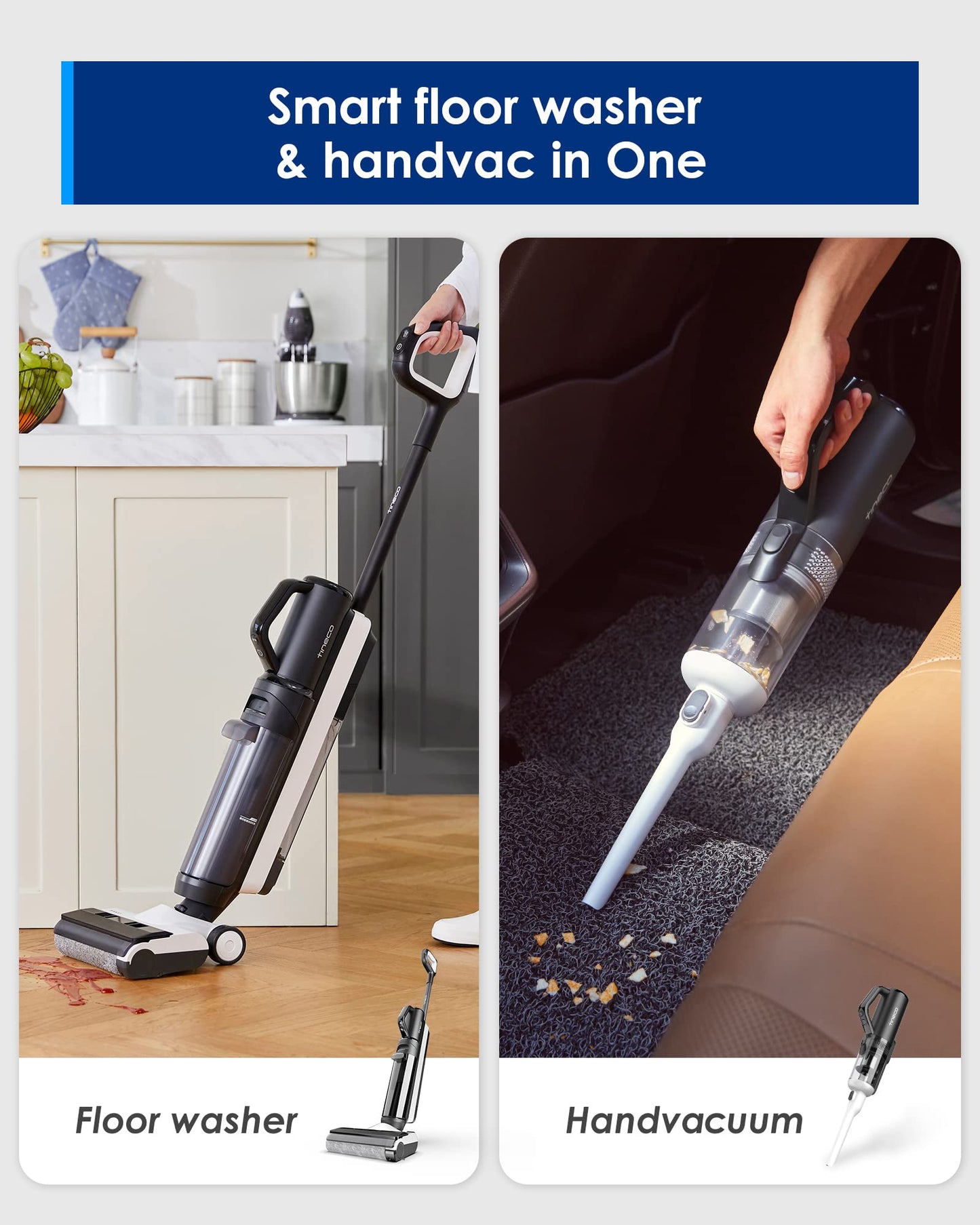 Tineco Floor ONE S5 Smart Cordless Wet Dry Vacuum Cleaner and Mop for Hard Floors, Digital Display, Long Run Time, Great for Sticky Messes and Pet Hair, Space-Saving Design, Blue