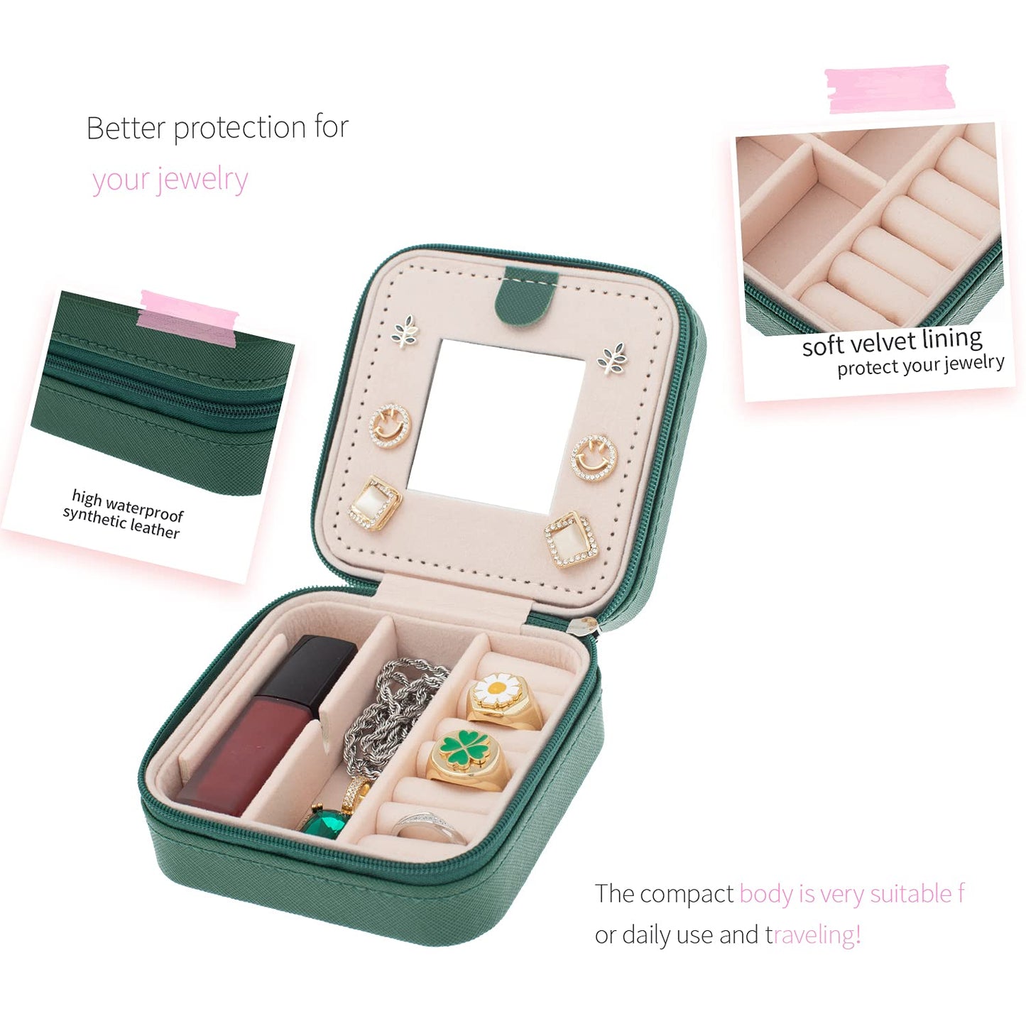 KElofoN Travel jewelry case Travel jewelry box Travel Jewelry Organizer Small box Gift for Girls Women with Mirror(Green)