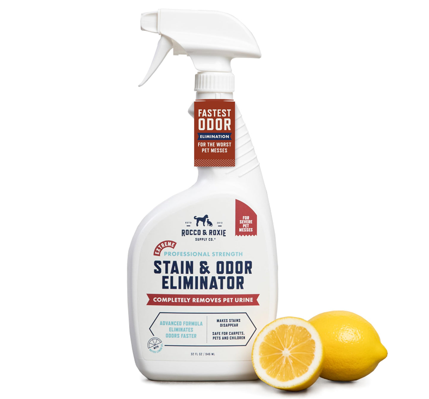 Rocco & Roxie Supply Co. Stain & Strong Odor Eliminator, Enzyme Cleaner, Pet Odor Eliminator for Home - Carpet Stain Remover for Cats & Dog Pee - Urine Destroyer - Carpet Cleaner Spray Clear, 32 Fl Oz
