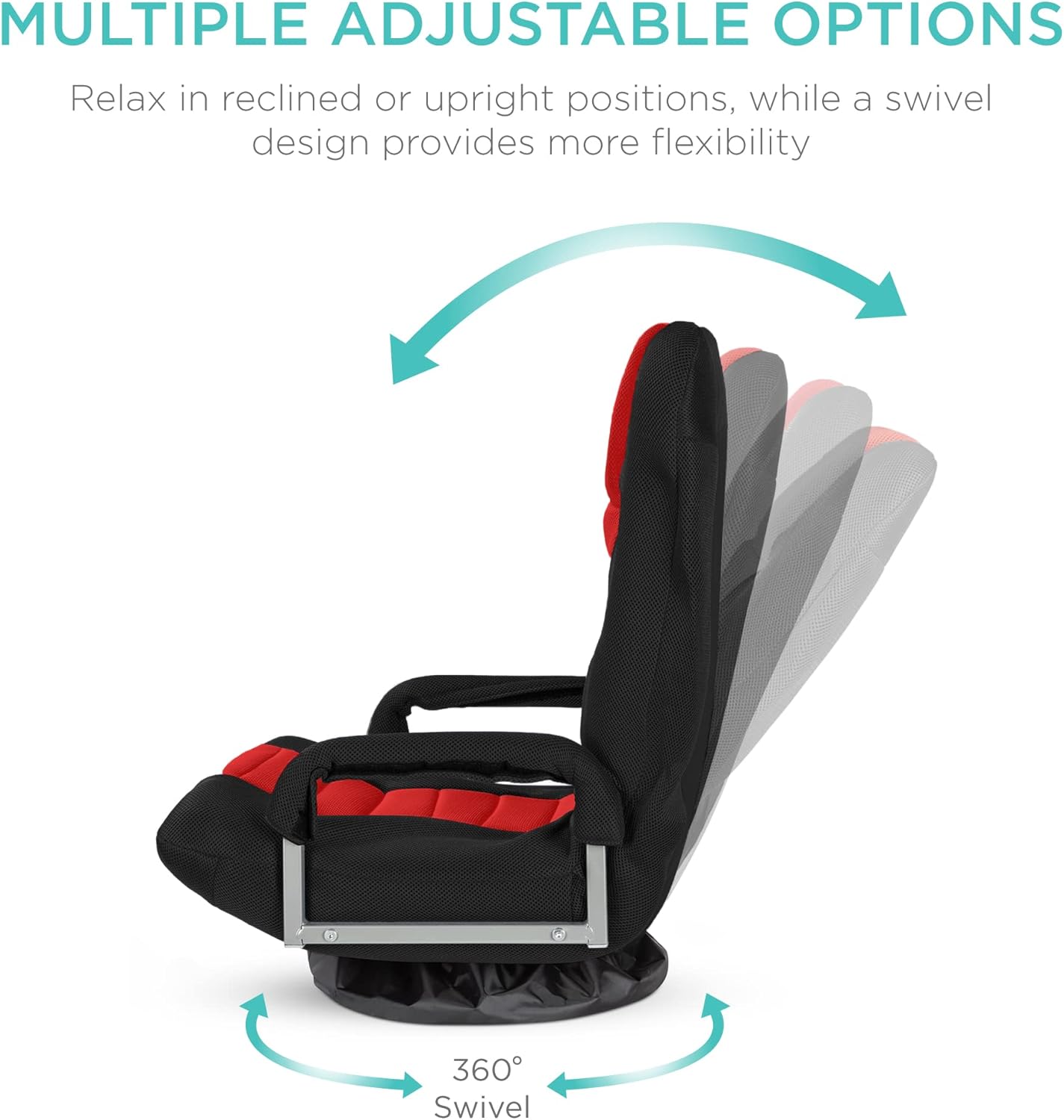 Best Choice Products Swivel Gaming Chair 360 Degree Multipurpose Floor Chair Rocker for TV, Reading, Playing Video Games w/Lumbar Support, Armrest Handles, Adjustable Foldable Backrest - Black/Red