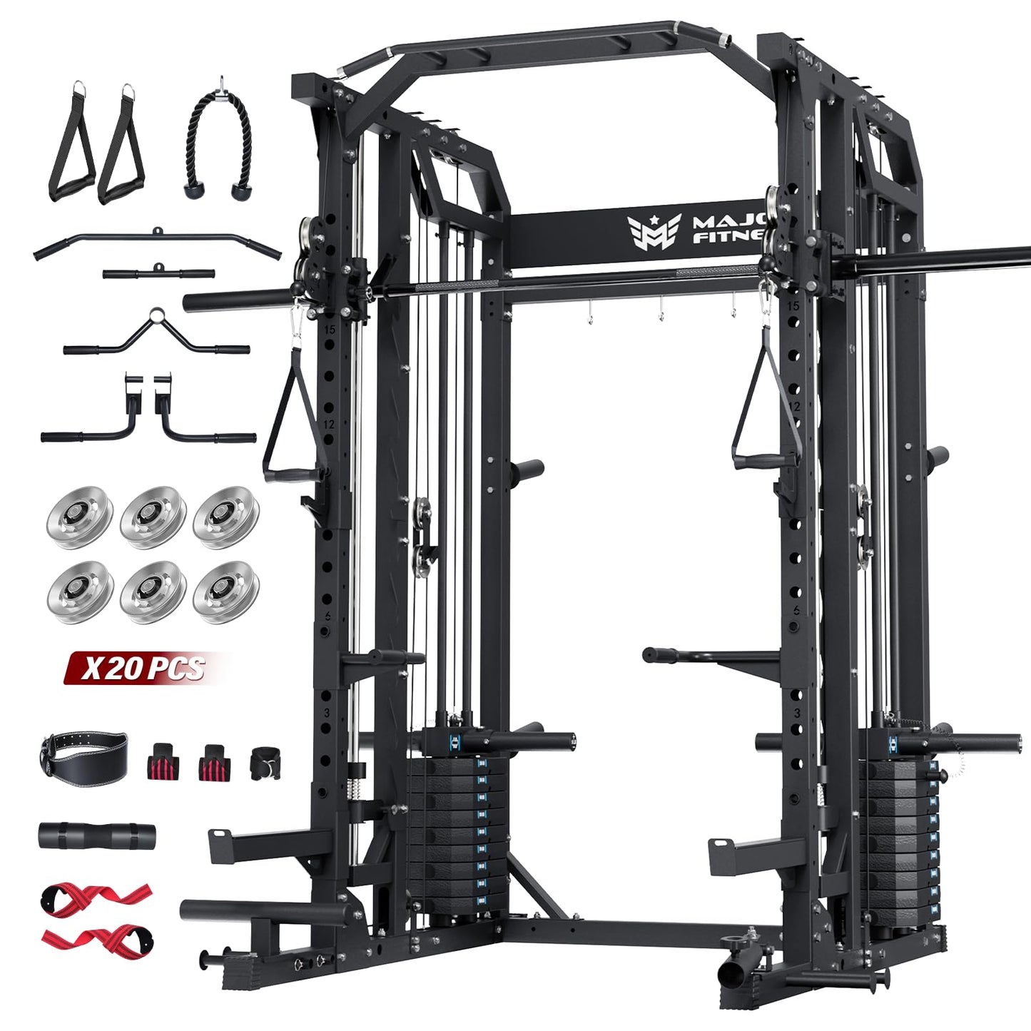 Major Fitness Drone2 Advanced Training Smith Machines– All-in-One Home Gym Squat Rack with Aluminum Pulley Set , Weight Bar, Dual LAT Pull-Down Systems & Cable Crossover Machine for Full-Body Workouts