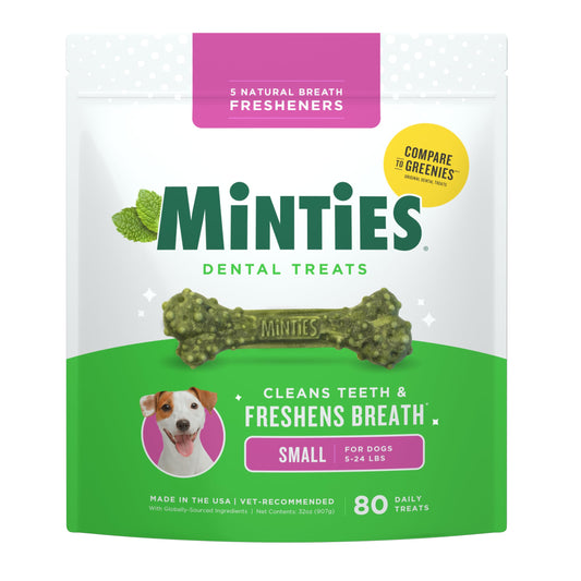 Minties Dog Dental Bone Treats, Tiny/Small Dental Dog Treats, 16 Ounces, Cleans Teeth, Fight Bad Breath, Removes Plaque and Tartar, 16 Count