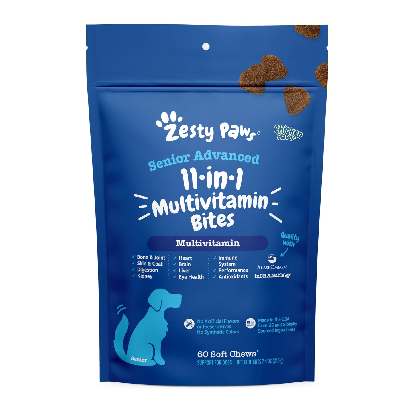 Zesty Paws Dog Multivitamin, Chewable Dog Vitamins and Supplements for Hip & Joints, Skin & Coat, Omega 3 Fish Oil for Dogs- Senior & Puppy Multivitamin- Chicken- 90ct