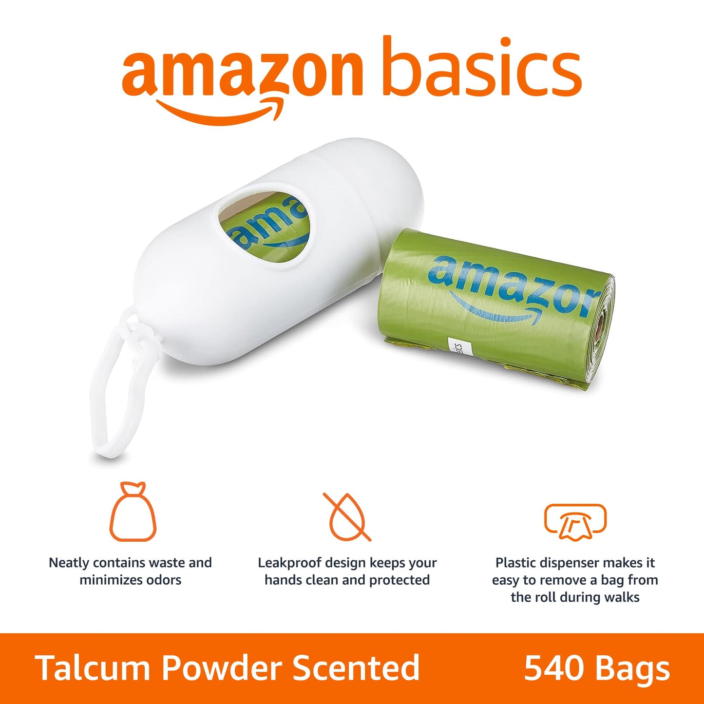 Amazon Basics Dog Poop Bags with Dispenser, 540 Count, Enhanced for Guaranteed Leakproof, Lavender Scented, Includes Leash Clip