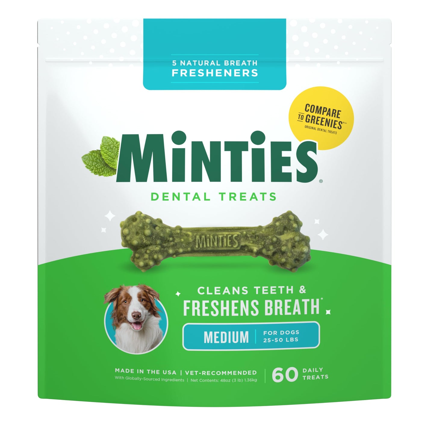 Minties Dog Dental Bone Treats, Tiny/Small Dental Dog Treats, 16 Ounces, Cleans Teeth, Fight Bad Breath, Removes Plaque and Tartar, 16 Count