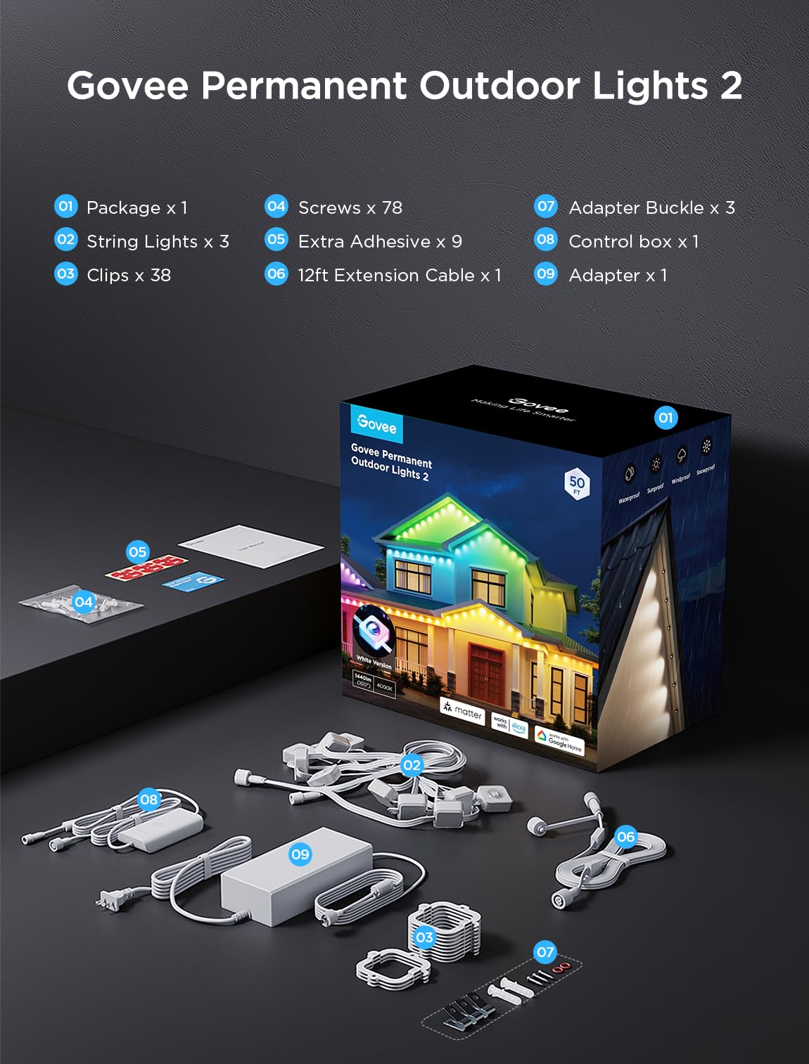 Govee Permanent Outdoor Lights 2, 150ft RGBIC Outdoor Lights with 108 LED Lights, IP67 Waterproof, 100 Scene Modes with 40lm White for Outdoor Decorations, Works with Alexa, Google Assistant, White