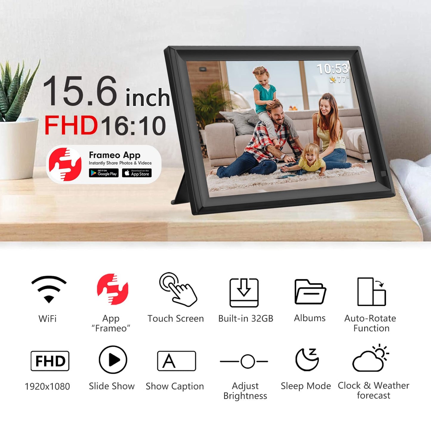 32GB FRAMEO 10.1 Inch Smart WiFi Digital Photo Frame 1280x800 IPS LCD Touch Screen, Auto-Rotate Portrait and Landscape, Built in 32GB Memory, Share Moments Instantly via Frameo App from Anywhere