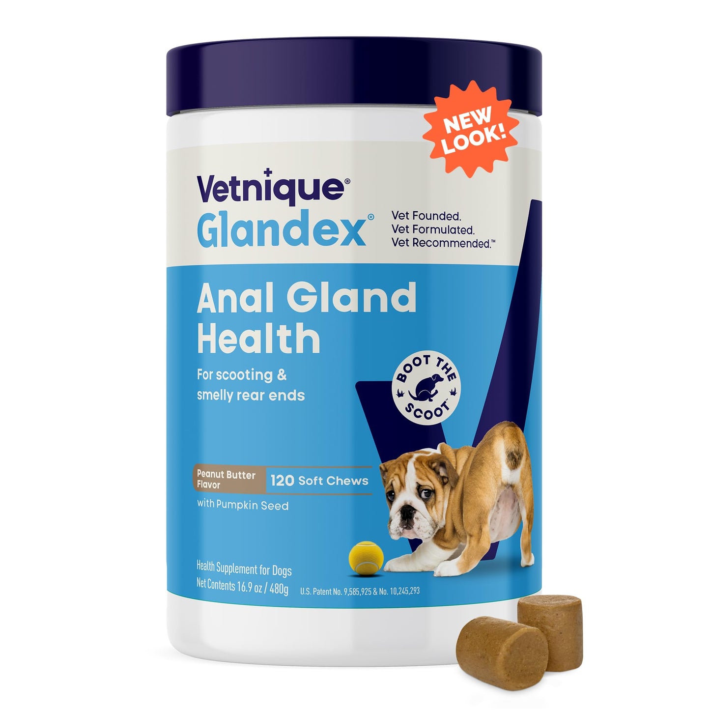 Vetnique Glandex Anal Gland Soft Chew Treats with Pumpkin for Dogs Digestive Enzymes, Probiotics Fiber Supplement for Dogs Boot The Scoot (Peanut Butter Chews, 60 Count)