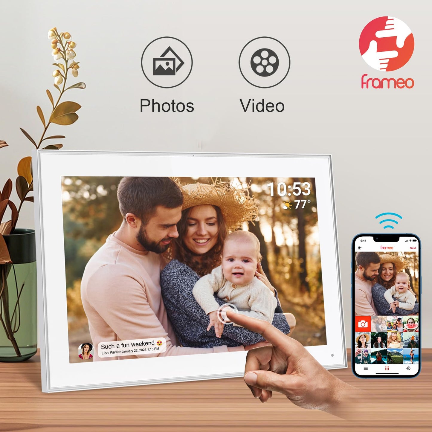 32GB FRAMEO 10.1 Inch Smart WiFi Digital Photo Frame 1280x800 IPS LCD Touch Screen, Auto-Rotate Portrait and Landscape, Built in 32GB Memory, Share Moments Instantly via Frameo App from Anywhere