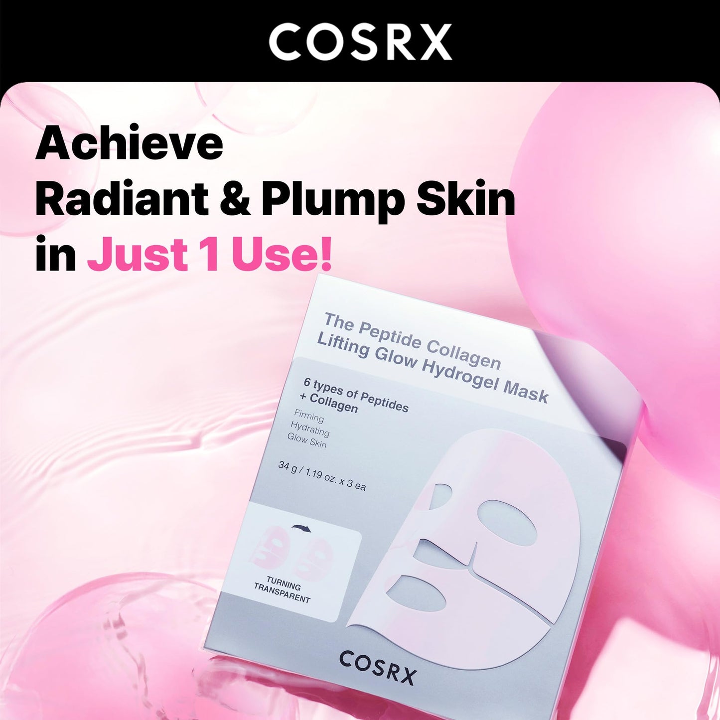 COSRX Advanced Snail Mucin Glass Glow Hydrogel Face Masks Skincare 3 EA, Collagen Face Mask, Travel Essentials, Overnight Face Mask, Korean Skin Care, Stocking Stuffers for Women