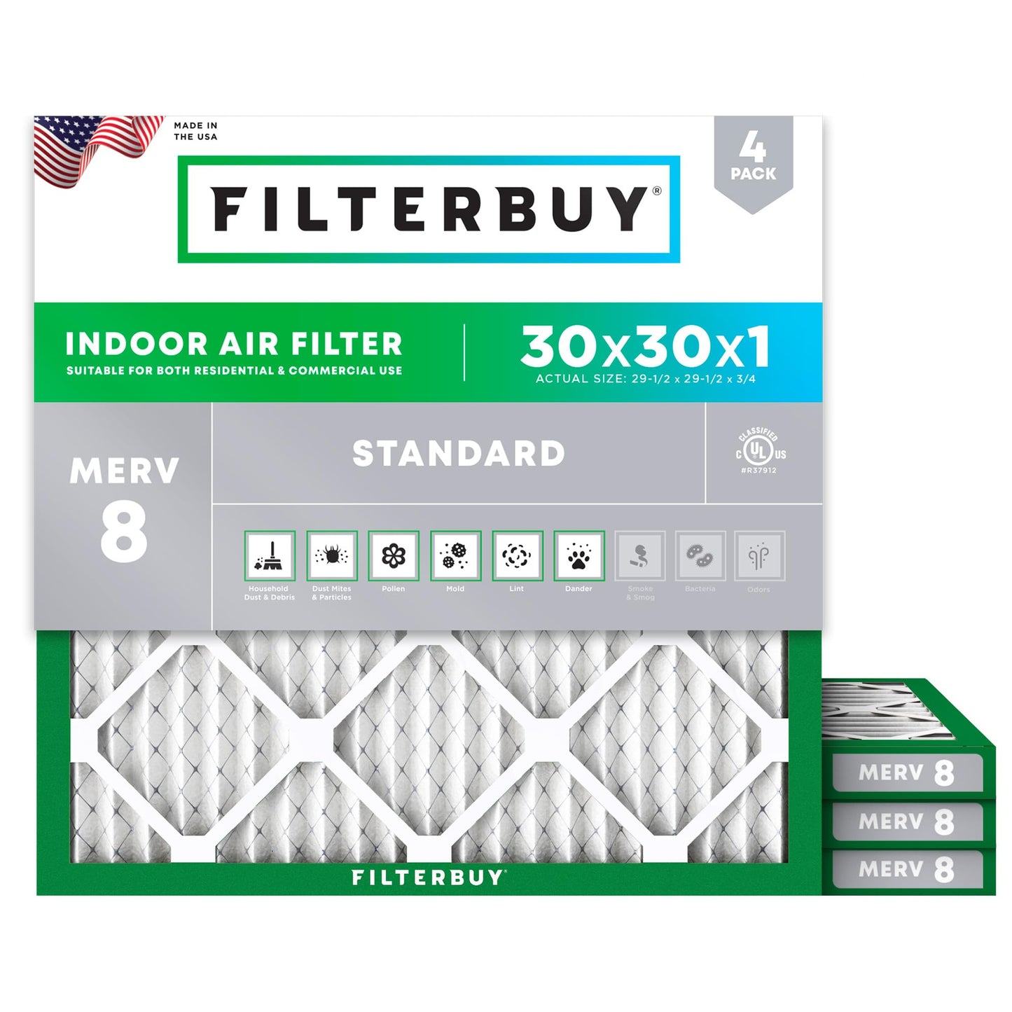 Filterbuy 16x25x1 Air Filter MERV 8 Essential Dust & Allergy Defense (4-Pack), Electrostatic Pleated HVAC AC Furnace Filters Replacement, Made in USA (Actual Size: 15.50 x 24.50 x 0.75)