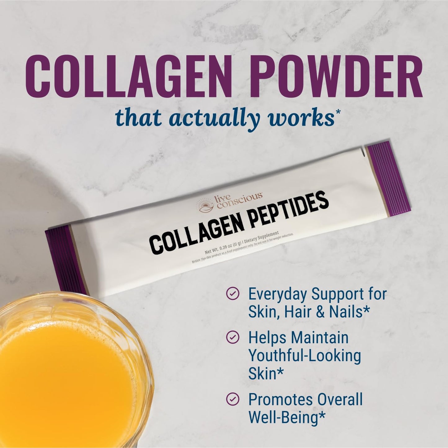 Live Conscious Collagen Peptides Powder - Naturally-Sourced Hydrolyzed Collagen Powder - Hair, Skin, Nail, and Joint Support - Type I & III Grass-Fed Collagen Supplements for Women and Men - 16oz