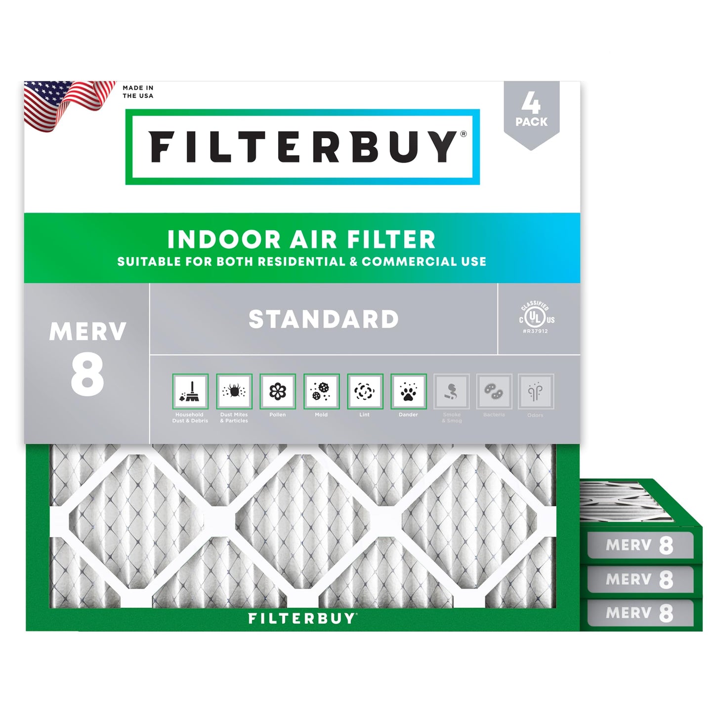 Filterbuy 16x25x1 Air Filter MERV 8 Essential Dust & Allergy Defense (4-Pack), Electrostatic Pleated HVAC AC Furnace Filters Replacement, Made in USA (Actual Size: 15.50 x 24.50 x 0.75)