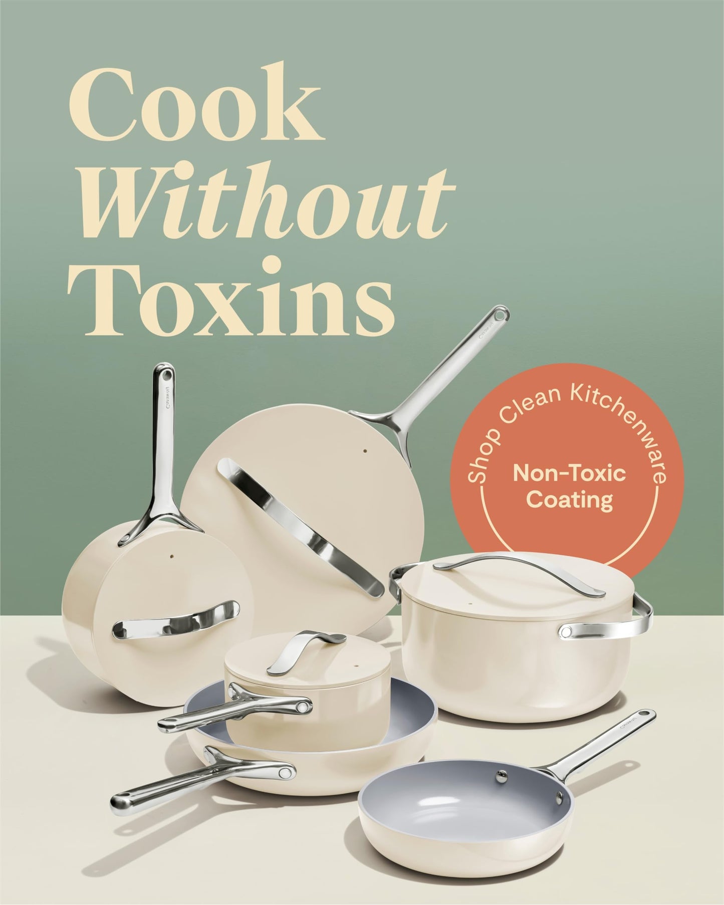 Caraway Deluxe Non-stick Ceramic Cookware Set (16 Piece) Pots, Frying Pans, Lids and Kitchen Storage - PFAS & PFOA Free - Oven Safe Pan Set & Compatible with All Stovetops - Cream