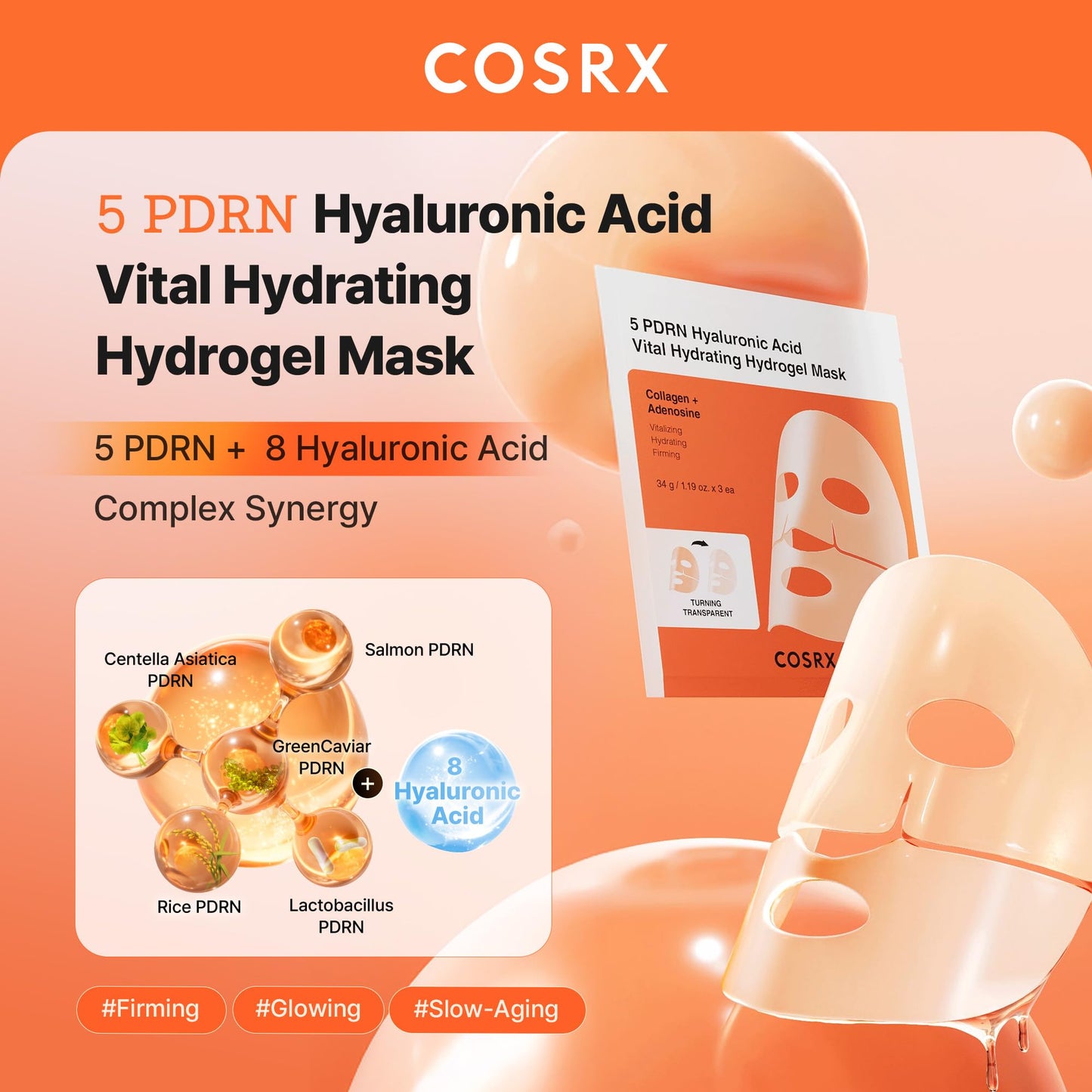 COSRX Advanced Snail Mucin Glass Glow Hydrogel Face Masks Skincare 3 EA, Collagen Face Mask, Travel Essentials, Overnight Face Mask, Korean Skin Care, Stocking Stuffers for Women