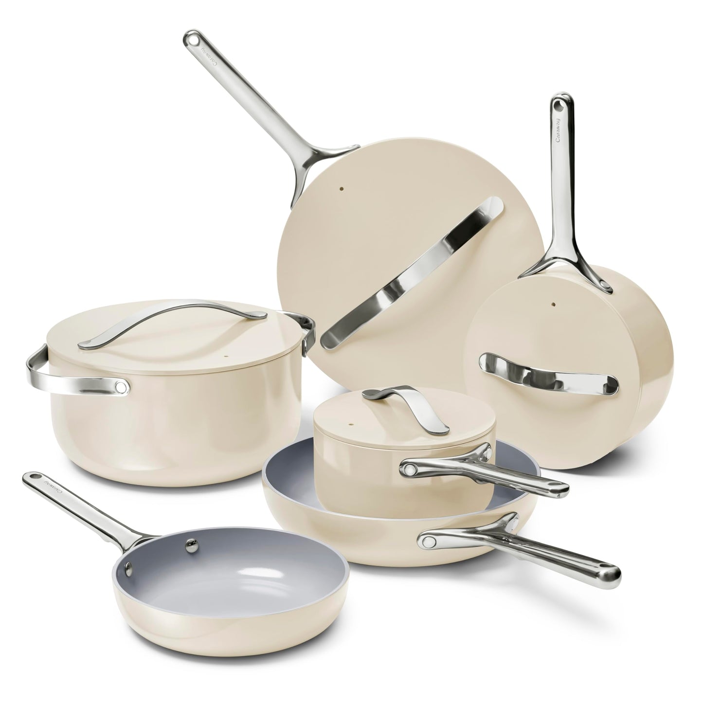 Caraway Deluxe Non-stick Ceramic Cookware Set (16 Piece) Pots, Frying Pans, Lids and Kitchen Storage - PFAS & PFOA Free - Oven Safe Pan Set & Compatible with All Stovetops - Cream