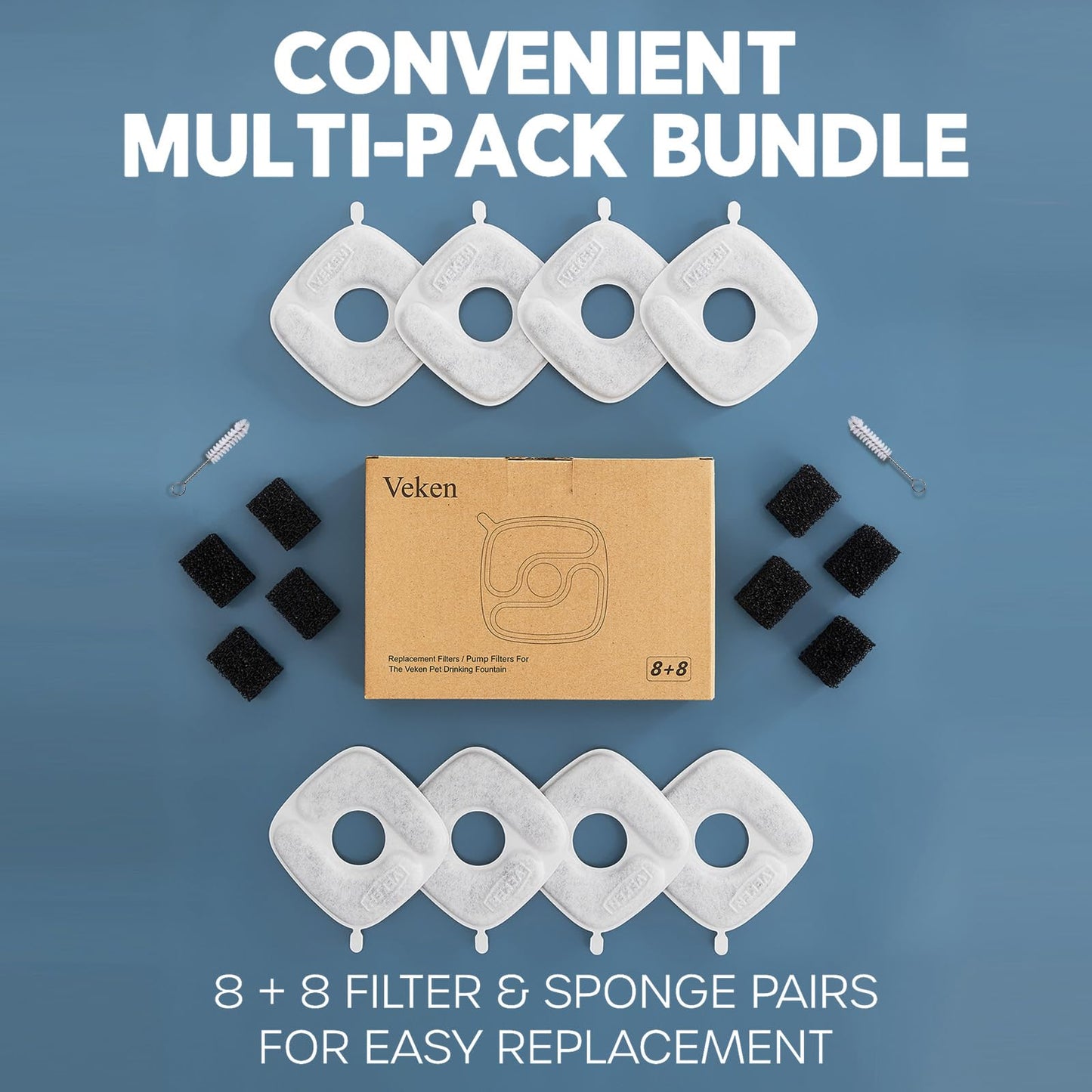 Veken Cat Water Fountain Filters, 8 Pack Replacement Filters & 8 Pack Replacement Pre-Filter Sponges Set for 50oz, 84oz, 95oz or 108oz Automatic Pet Fountain Dog Water Dispenser