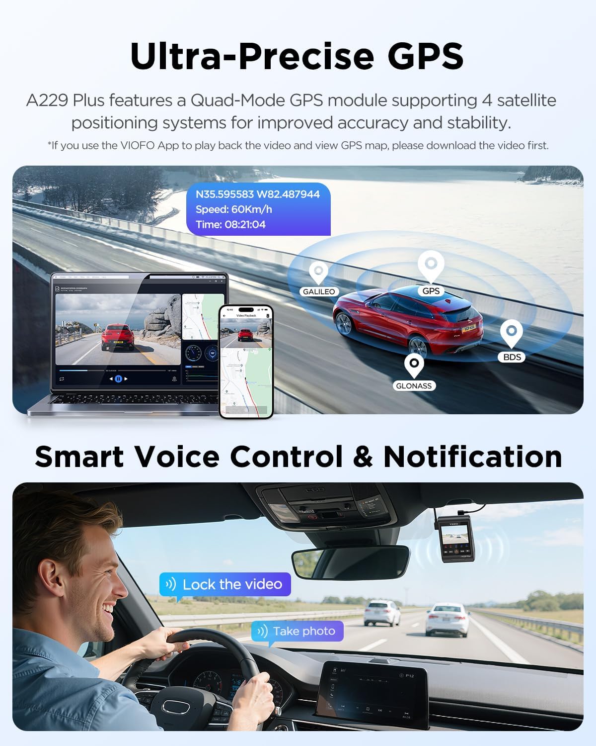 VIOFO A229 Plus Dash Cam Front and Rear, Dual STARVIS 2 Sensors, 2 Channel HDR, 1440P+1440P Voice Control Car Dash Camera, 5GHz Wi-Fi, Support 512GB Max, Voice Control, Ultra-Precise GPS