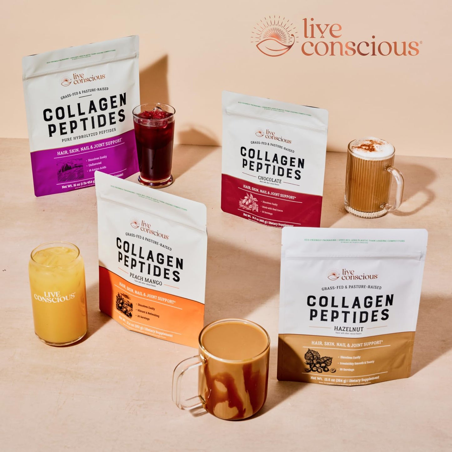 Live Conscious Collagen Peptides Powder - Naturally-Sourced Hydrolyzed Collagen Powder - Hair, Skin, Nail, and Joint Support - Type I & III Grass-Fed Collagen Supplements for Women and Men - 16oz