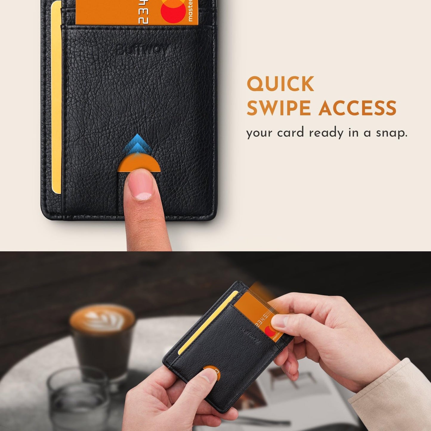 Buffway Slim Minimalist Front Pocket RFID Blocking Leather Wallets for Men and Women - Alaska Black