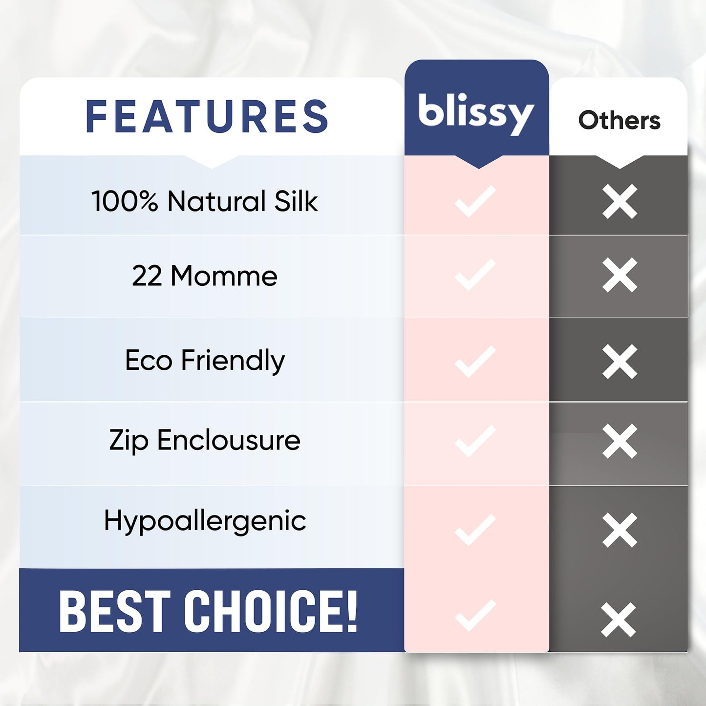 Blissy Silk Pillowcase - 100% Pure Mulberry Silk - 22 Momme 6A High-Grade Fibers - Silk Pillow Cover for Hair & Skin - Regular, Queen & King (Blissy White, Standard)