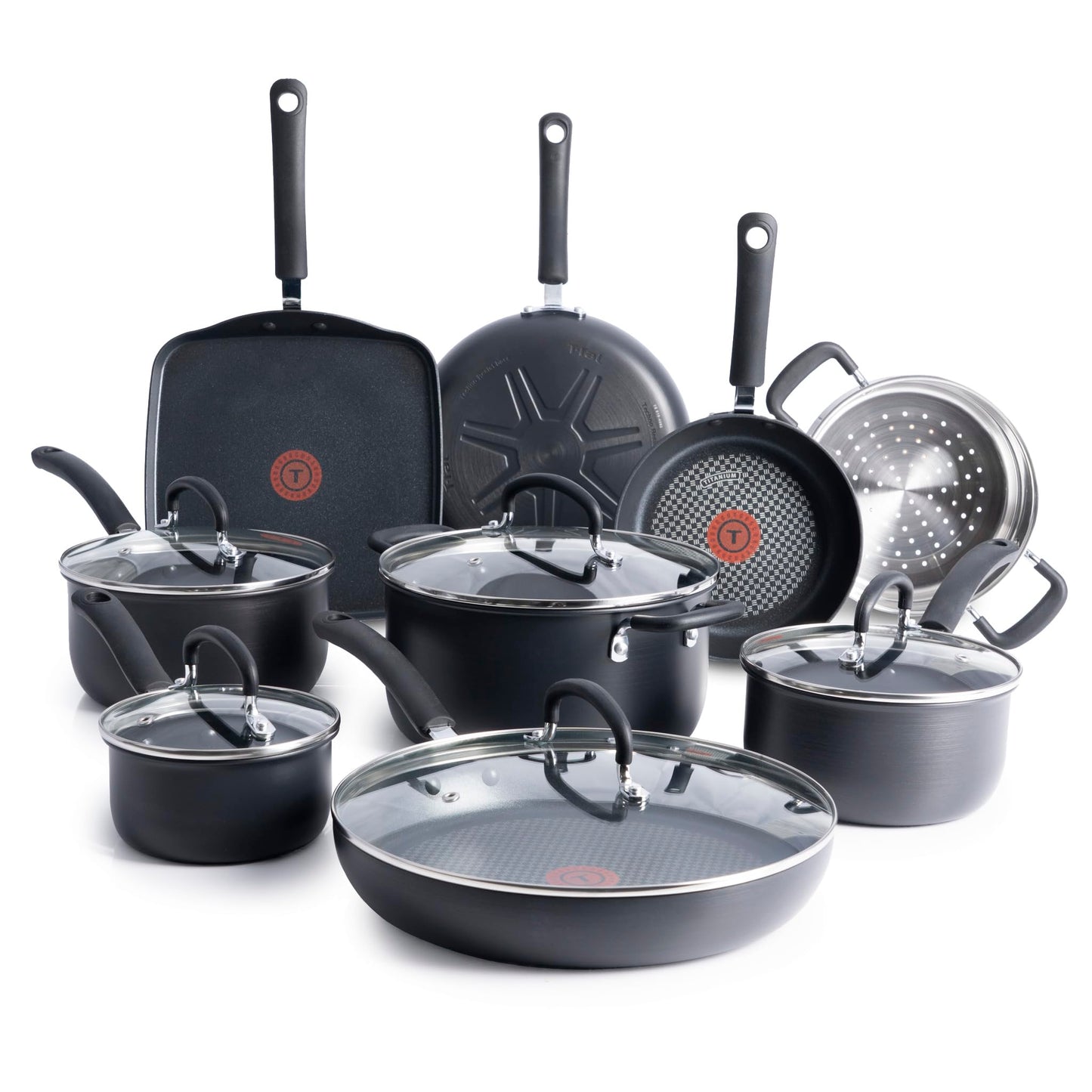 T-Fal Ultimate Hard Anodized Nonstick Cookware Set 17 Piece, Nonstick Pots and Pans Set with Fry Pan, Saucepans, Saute-Pan, Griddle, Dishwasher Safe, Black