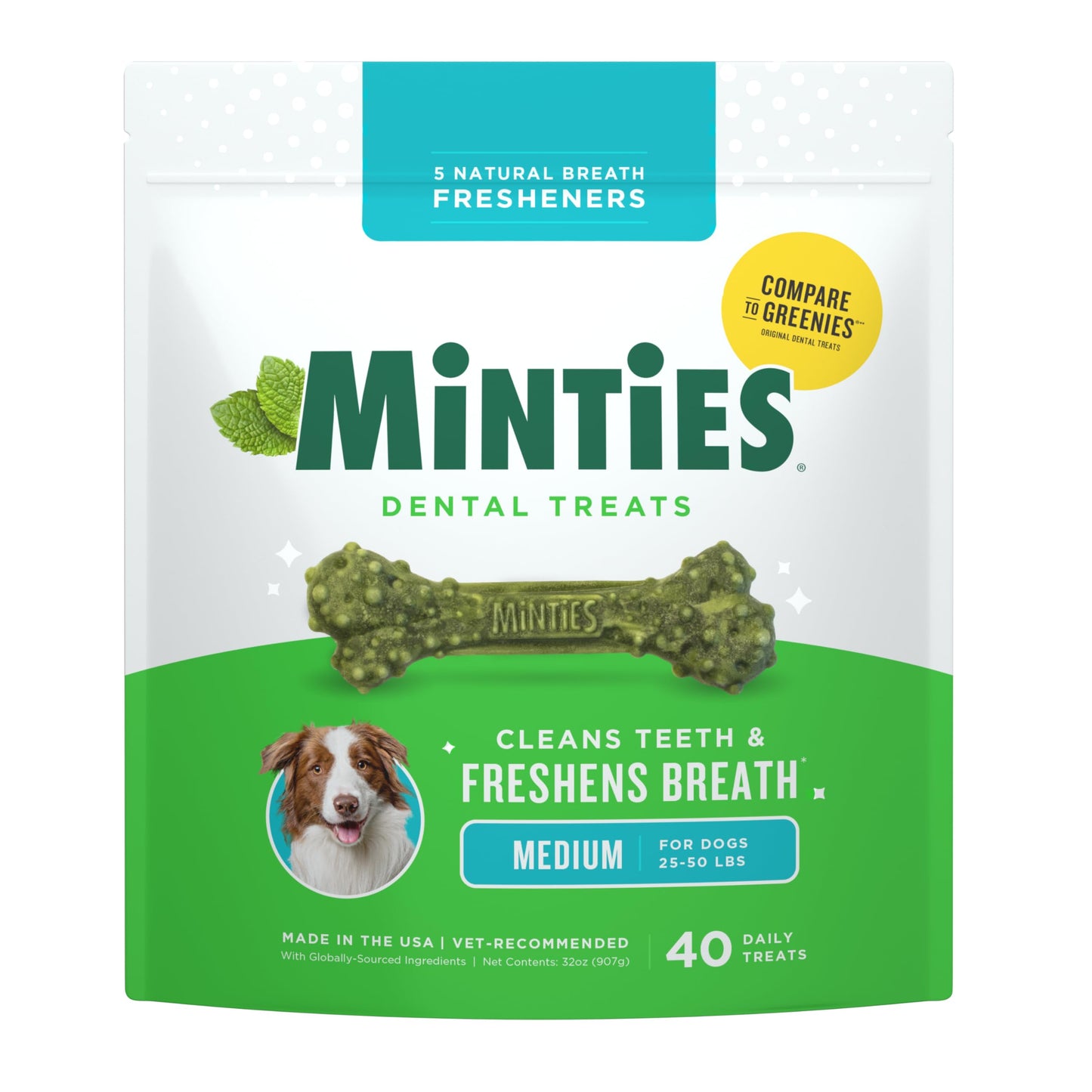 Minties Dog Dental Bone Treats, Tiny/Small Dental Dog Treats, 16 Ounces, Cleans Teeth, Fight Bad Breath, Removes Plaque and Tartar, 16 Count