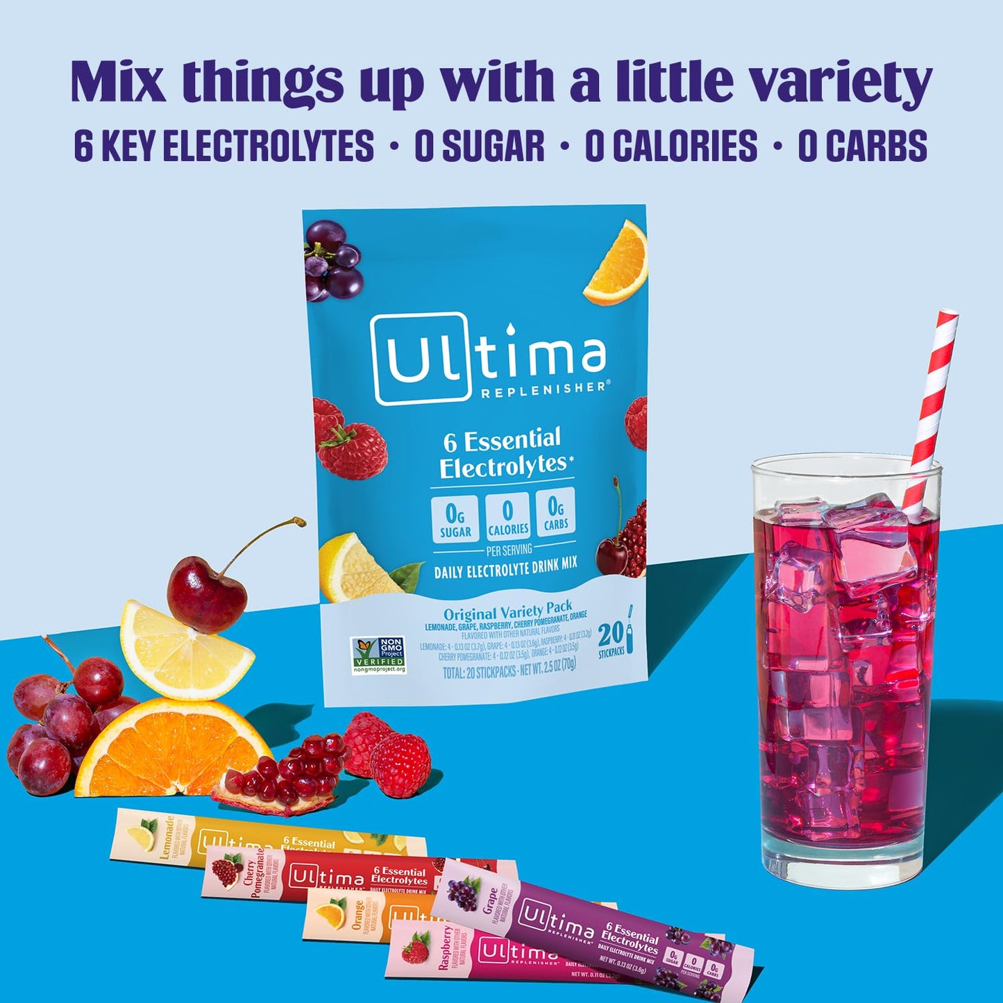 Ultima Replenisher Daily Electrolyte Powder Drink Mix – Sugar Free – Original Variety, 20 Stickpacks – Hydration Packets with 6 Electrolytes and Minerals – Keto Friendly, Vegan, Non-GMO