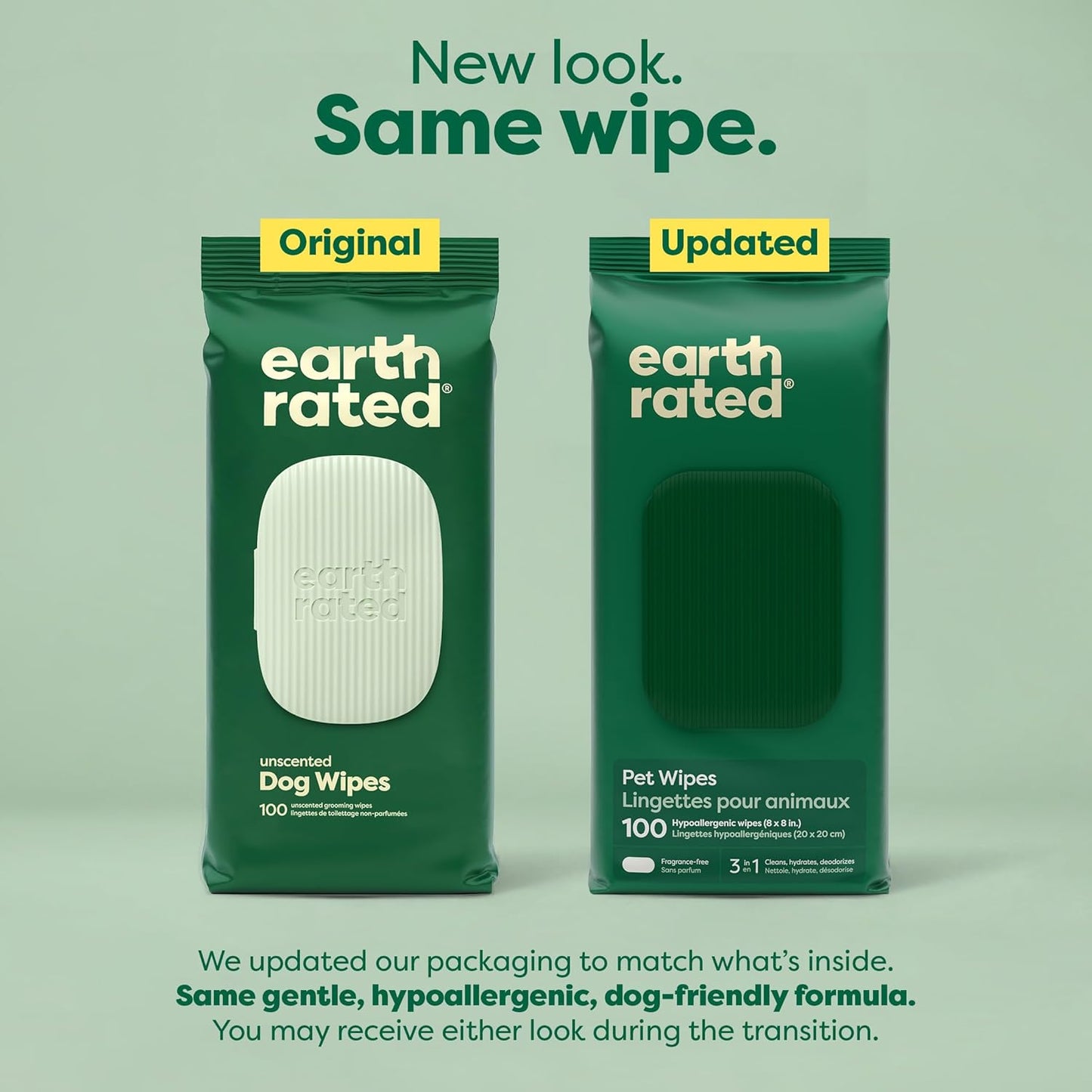 Earth Rated Pet Wipes for Dogs and Cats, Hypoallergenic, Cleaning and Hydrating, for Grooming Paws, Body and Butt, Unscented, 100 Count