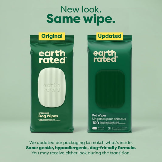Earth Rated Pet Wipes for Dogs and Cats, Hypoallergenic, Cleaning and Hydrating, for Grooming Paws, Body and Butt, Unscented, 100 Count