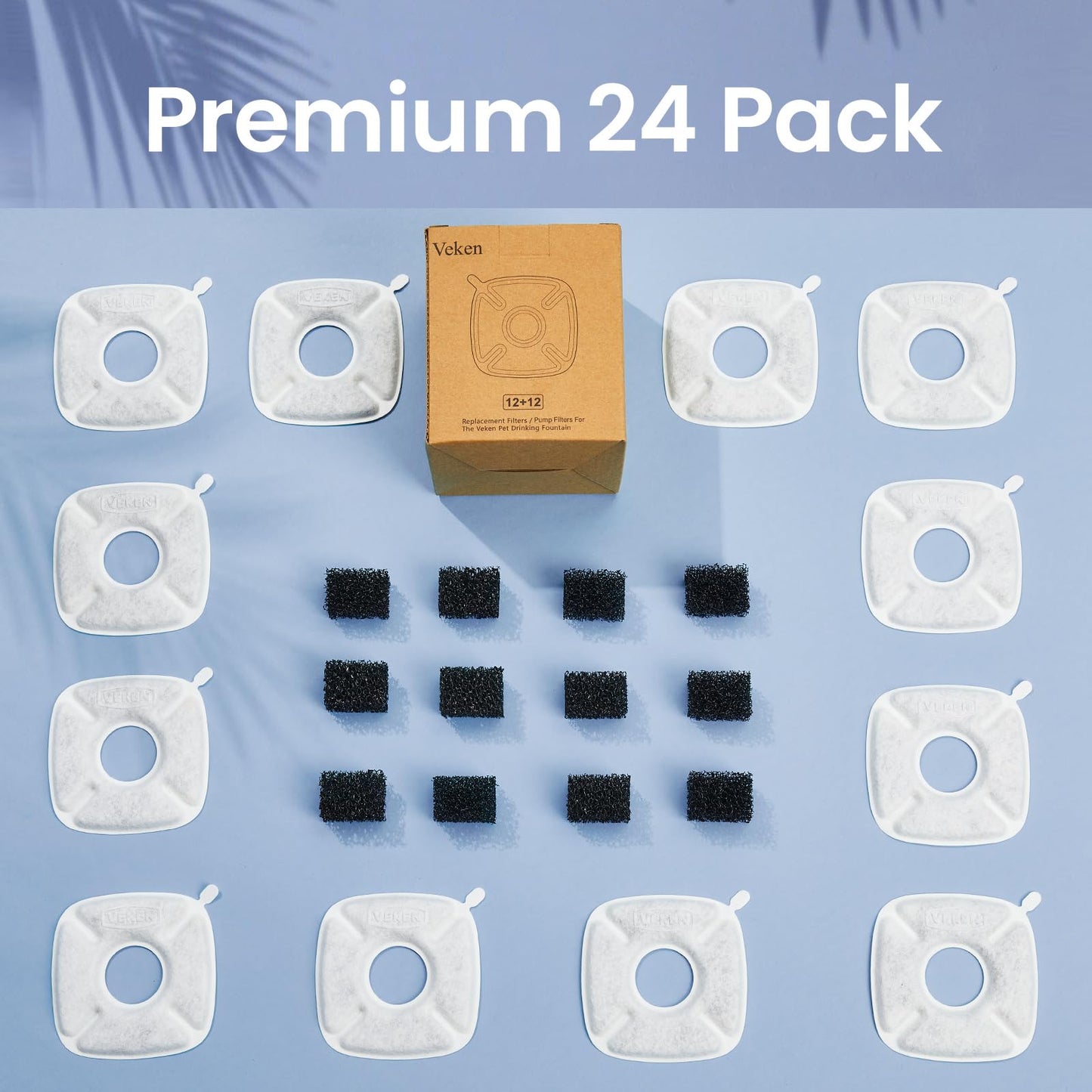 Veken Cat Water Fountain Filters, 8 Pack Replacement Filters & 8 Pack Replacement Pre-Filter Sponges Set for 50oz, 84oz, 95oz or 108oz Automatic Pet Fountain Dog Water Dispenser