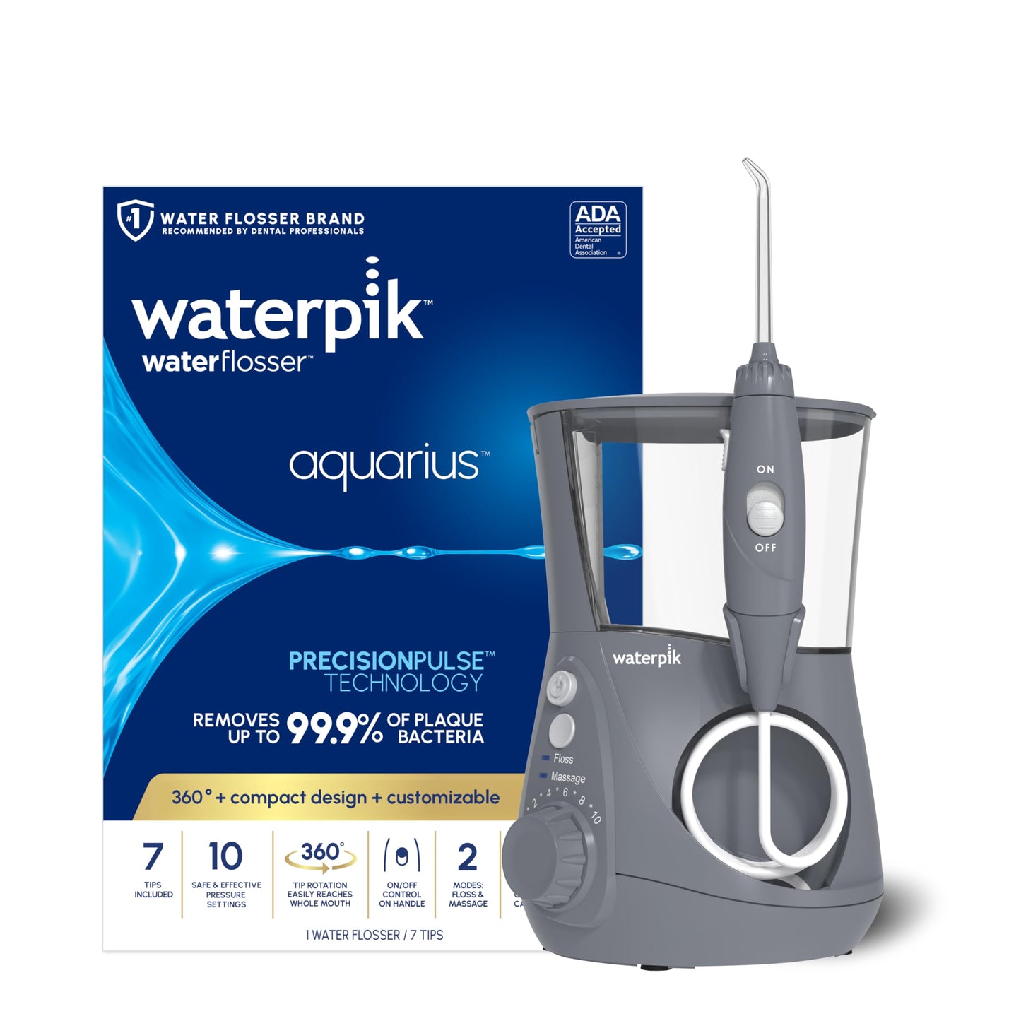Waterpik Aquarius Water Flosser For Teeth Cleaning, Gums, Braces, Dental Care, Electric Power With 10 Settings, 7 Tips For Multiple Users And Needs, ADA Accepted, White WP-660, Packaging May Vary