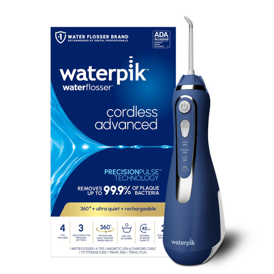 Waterpik Cordless Advanced 2.0 Water Flosser For Teeth, Gums, Braces, Dental Care With Travel Bag and 4 Tips, ADA Accepted, Rechargeable, Portable, and Waterproof, White WP-580, Packaging May Vary