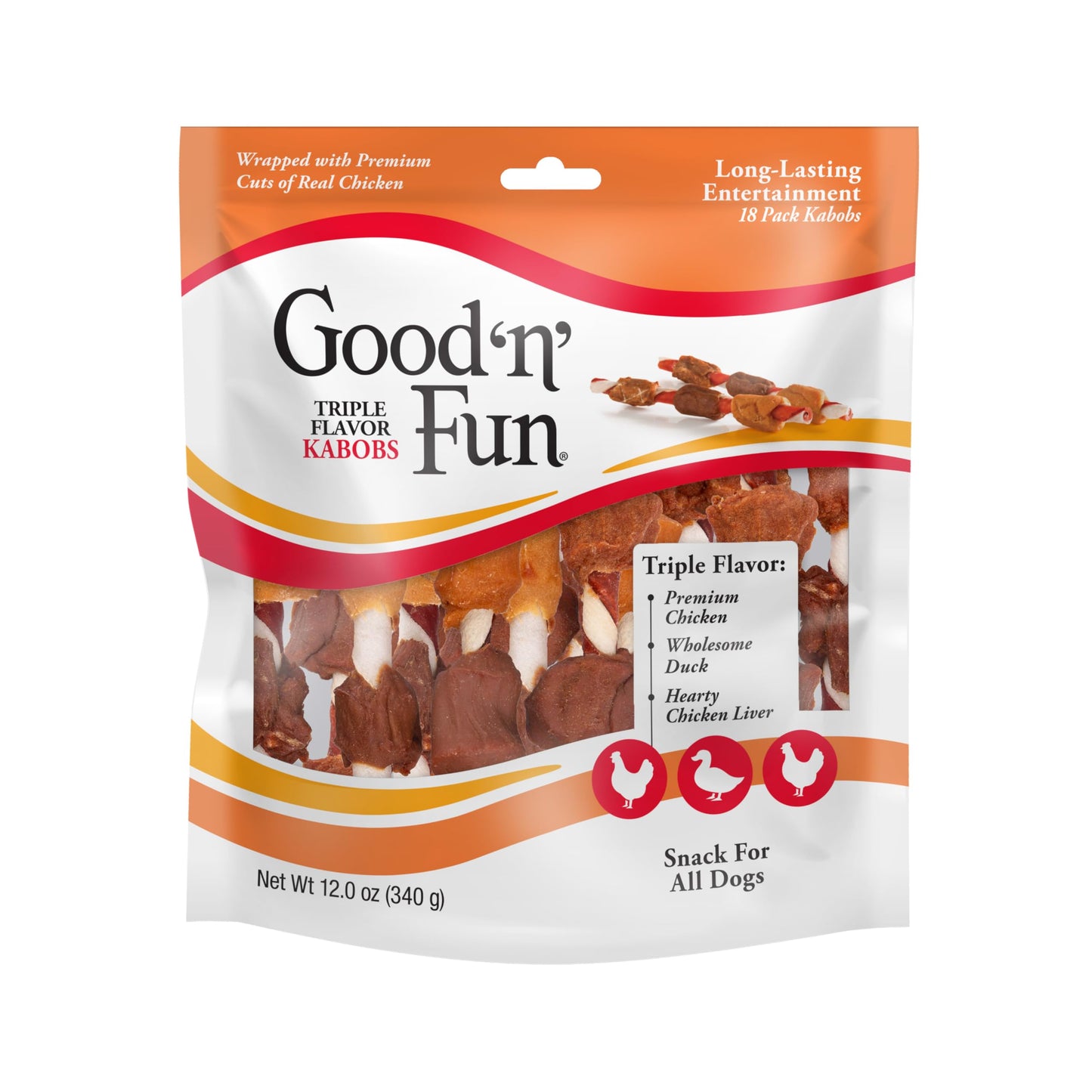 Good ‘n’ Fun Triple Flavor Kabobs Chews for All Dogs, 24 Ounces, Treat Your Dog to Chews Made from Beef Hide, Real Chicken, Pork Hide, Duck and Chicken Liver